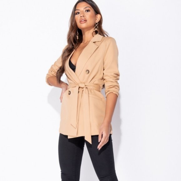 Jackets & Blazers - Camel Long Sleeve Double Breasted Blazer Jacket